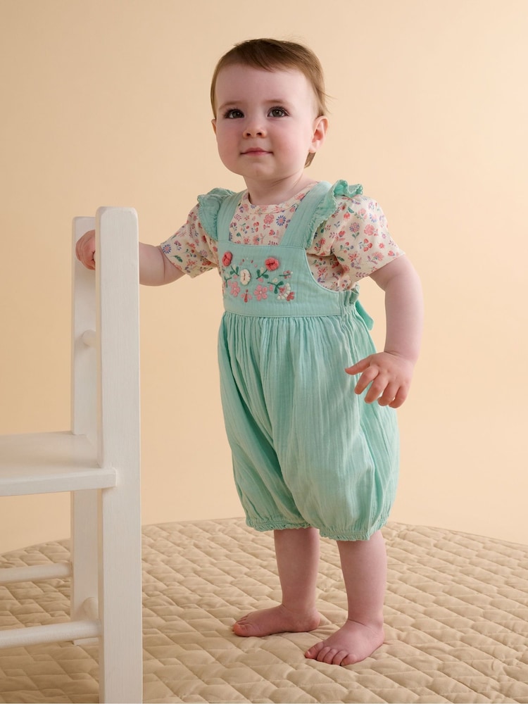 Purebaby Blue Embroidered Dungarees Set - Image 1 of 7