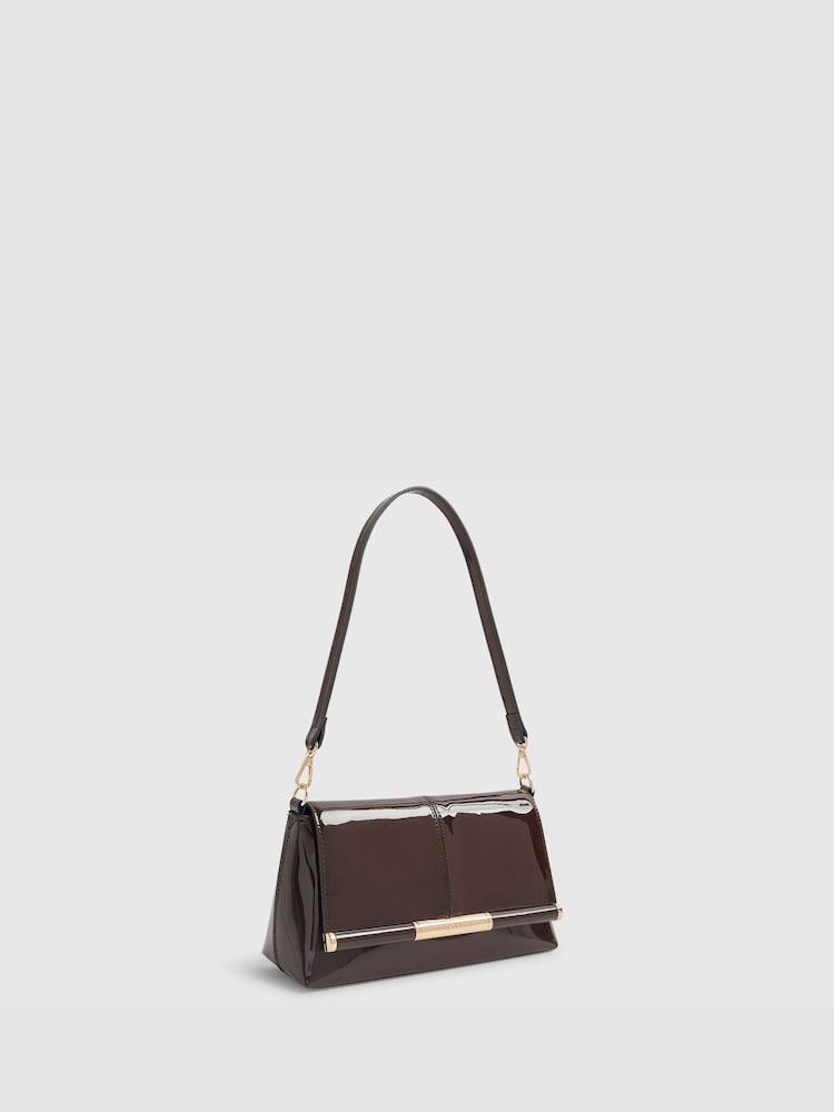 River Island Brown Patent Bar Front Clutch Bag - Image 1 of 5 River Island Brown Patent Bar Front Clutch Bag - Image 1 of 5