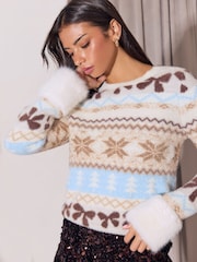 Lipsy Cream and Brown Fur Cuff Fairisle Christmas Jumper - Image 1 of 5