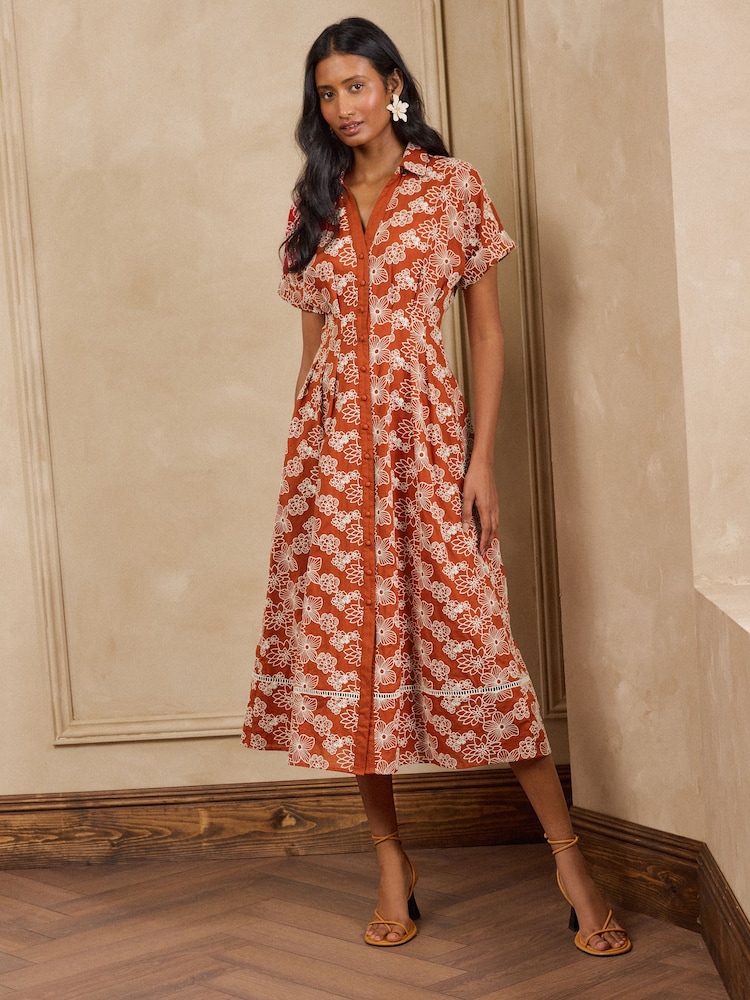 Love & Roses Rust Brown Contrast Broderie Midi Shirt Dress - Image 1 of 5