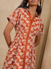 Love & Roses Rust Brown Contrast Broderie Midi Shirt Dress - Image 2 of 5