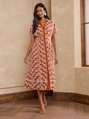 Love & Roses Rust Brown Contrast Broderie Midi Shirt Dress - Image 3 of 5