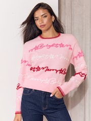 Lipsy Pink Matching Family Script Christmas Jumper - Image 2 of 7