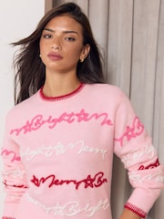 Lipsy Pink Matching Family Script Christmas Jumper - Image 3 of 7