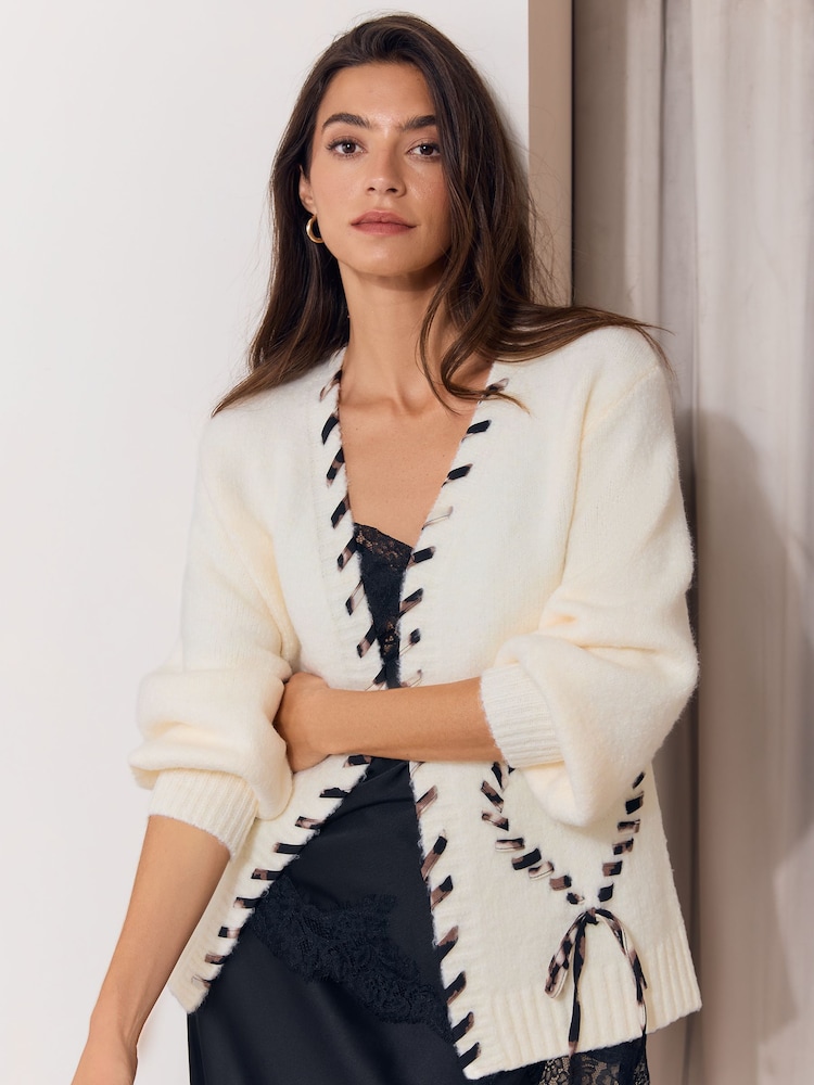 Lipsy Cream Animal Tie Detail Knitted Cardigan - Image 1 of 5