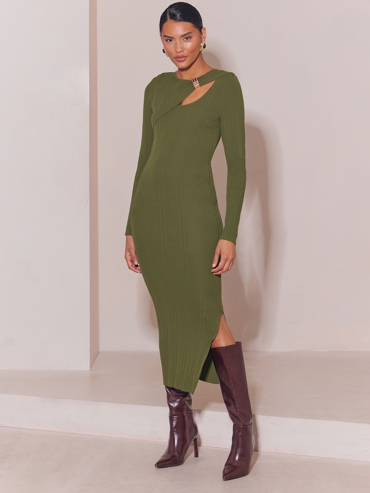 Lipsy Olive Green Knitted Cut Out Detail Midi Dress - Image 1 of 4 Lipsy Olive Green Knitted Cut Out Detail Midi Dress - Image 1 of 4