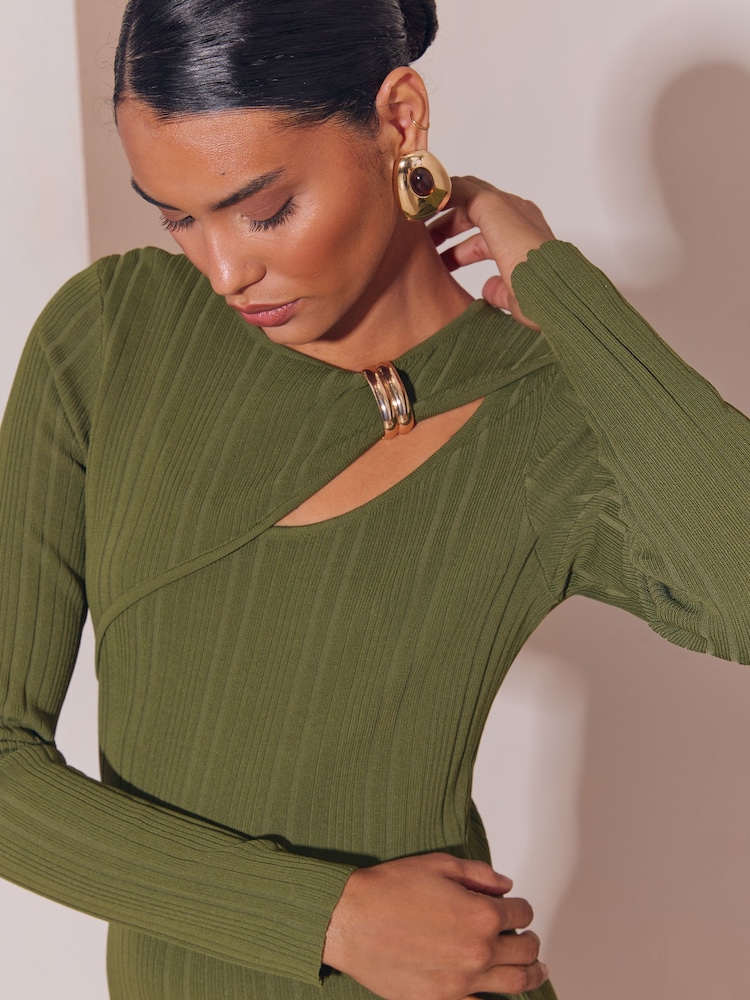 Lipsy Olive Green Knitted Cut Out Detail Midi Dress - Image 2 of 4 Lipsy Olive Green Knitted Cut Out Detail Midi Dress - Image 2 of 4