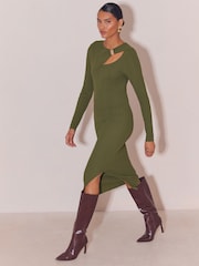 Lipsy Olive Green Knitted Cut Out Detail Midi Dress - Image 3 of 4