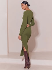 Lipsy Olive Green Knitted Cut Out Detail Midi Dress - Image 4 of 4