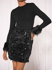 Lipsy Black Fur Cuff Sequin 2 in 1 Knitted Mini Dress - Image 4 of 5