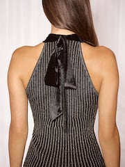 Lipsy Black Halter Tie Neck Lurex Knited Skater Mini Dress - Image 5 of 6