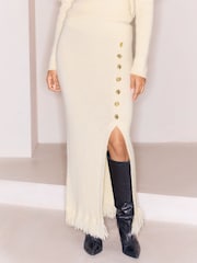 Lipsy Cream Fringe Detail Slit Knitted Midi Skirt - Image 4 of 6