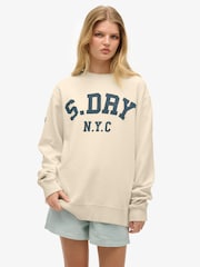 Superdry Cream Athletic Essentials Relaxed Crew Sweat Top - Image 1 of 5