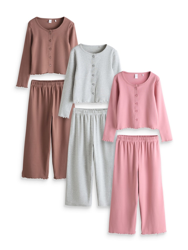 Pink/Grey/Brown Cardigan Wide Leg Pyjamas 3 Pack (3-16yrs) - Image 1 of 4
