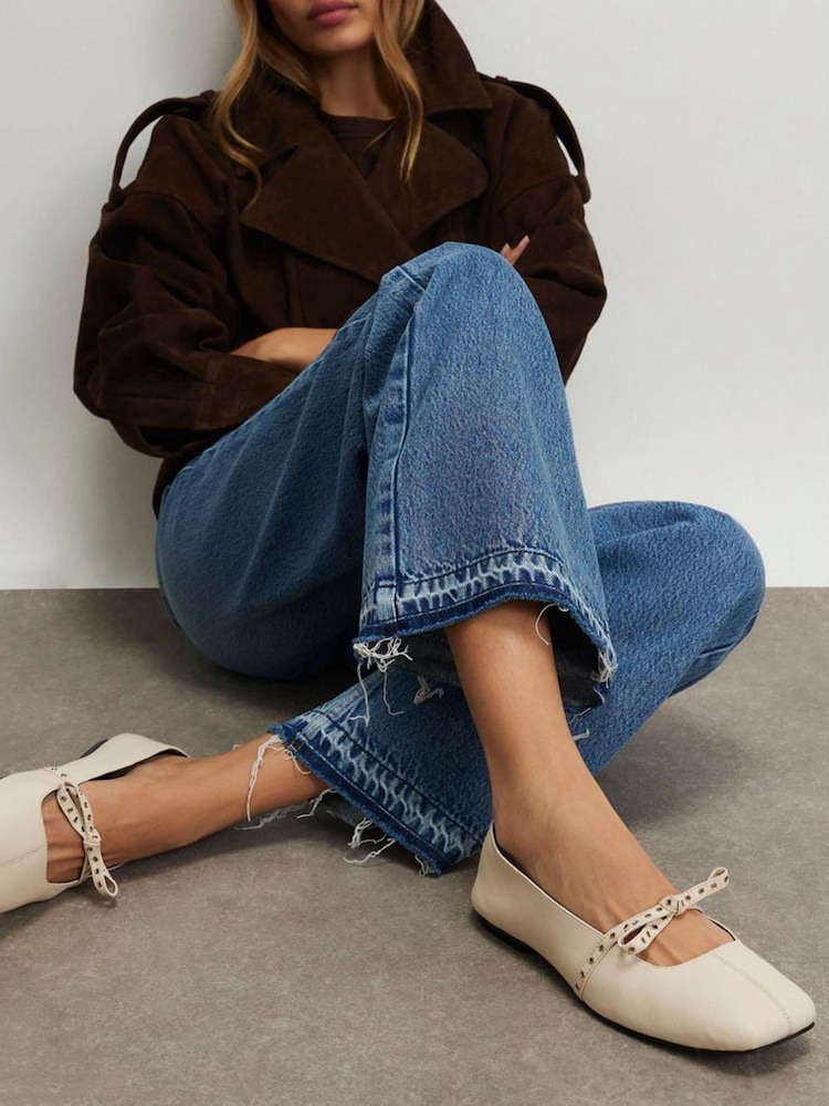 River Island Cream Eyelet Bow Square Toe Ballet Pumps - Image 1 of 6