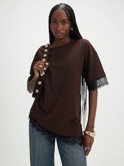 River Island Brown Short Sleeve Lace Trim Asymmetric T-Shirt - Image 1 of 4