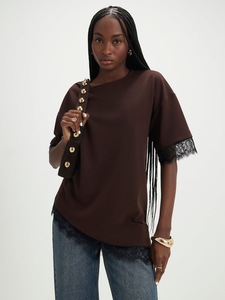 River Island Brown Short Sleeve Lace Trim Asymmetric T-Shirt - Image 1 of 4