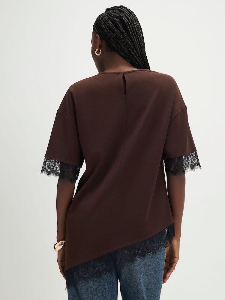 River Island Brown Short Sleeve Lace Trim Asymmetric T-Shirt - Image 2 of 4