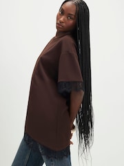 River Island Brown Short Sleeve Lace Trim Asymmetric T-Shirt - Image 4 of 4
