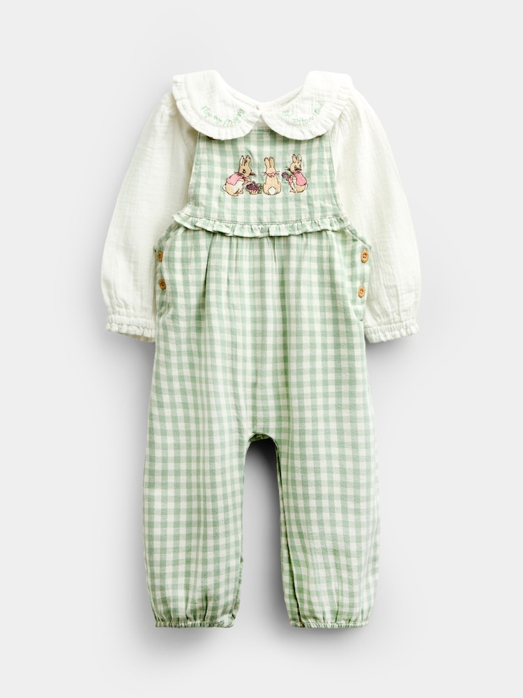 JoJo Maman Bébé Green Peter Rabbit Flopsy Gingham Dungaree Set - Image 1 of 7 JoJo Maman Bébé Green Peter Rabbit Flopsy Gingham Dungaree Set - Image 1 of 7