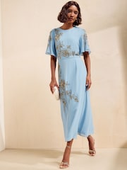 Friends Like These Light Blue Petite Embellished Detail Short Sleeve Midi Dress - Image 1 of 5