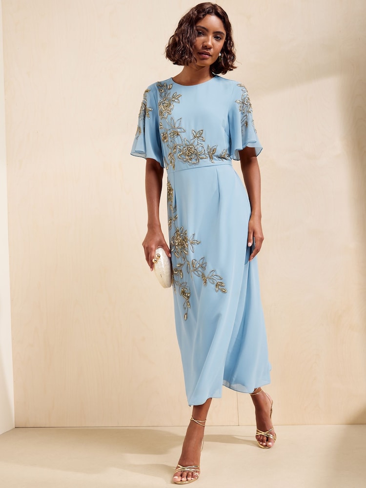 Friends Like These Light Blue Petite Embellished Detail Short Sleeve Midi Dress - Image 1 of 5