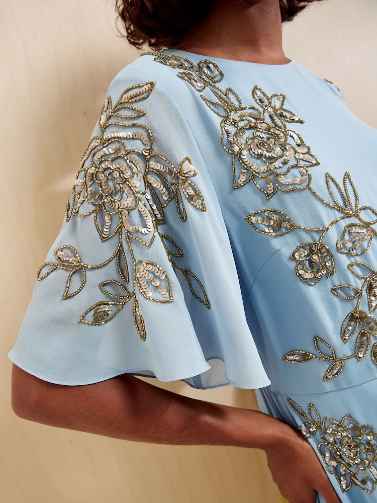 Friends Like These Light Blue Petite Embellished Detail Short Sleeve Midi Dress - Image 2 of 5