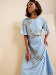Friends Like These Light Blue Petite Embellished Detail Short Sleeve Midi Dress - Image 3 of 5