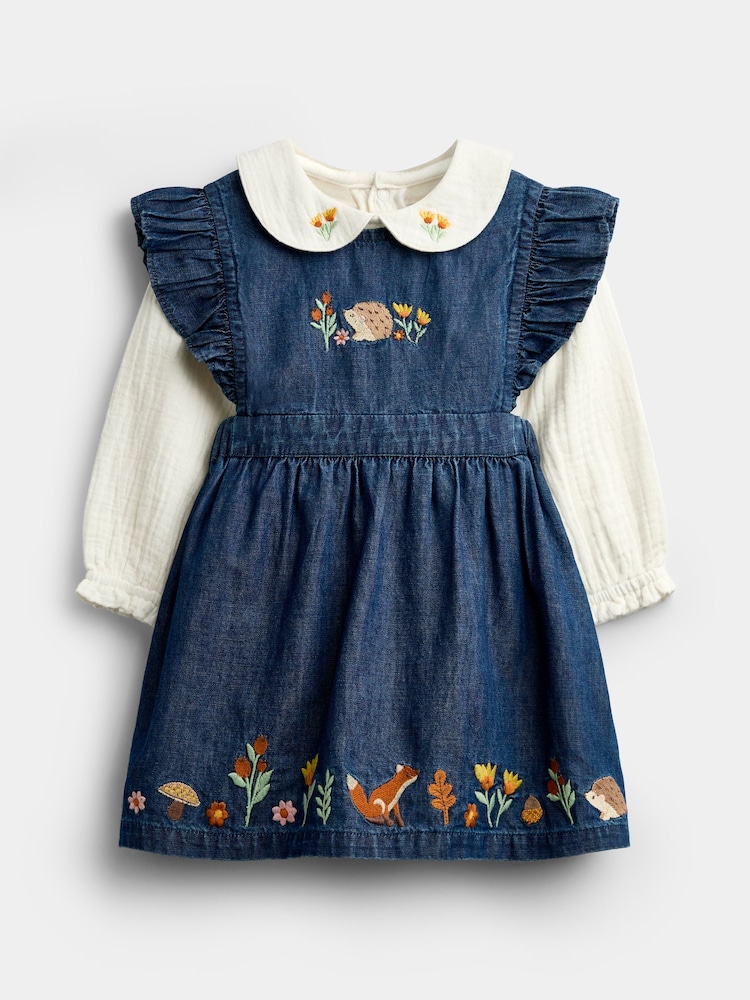 JoJo Maman Bébé Chambray Blue Hedgehog Embroidered Dress Set - Image 1 of 8 JoJo Maman Bébé Chambray Blue Hedgehog Embroidered Dress Set - Image 1 of 8