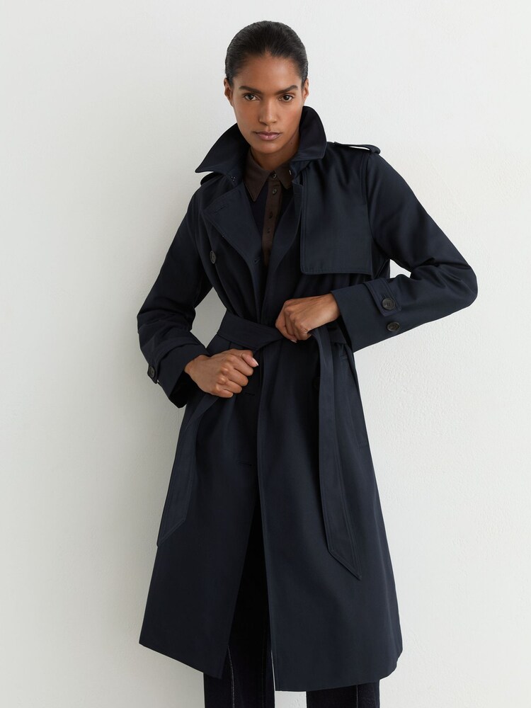 Reiss Navy Azura Hooded Insert Trench Coat - Image 1 of 9 Reiss Navy Azura Hooded Insert Trench Coat - Image 1 of 9