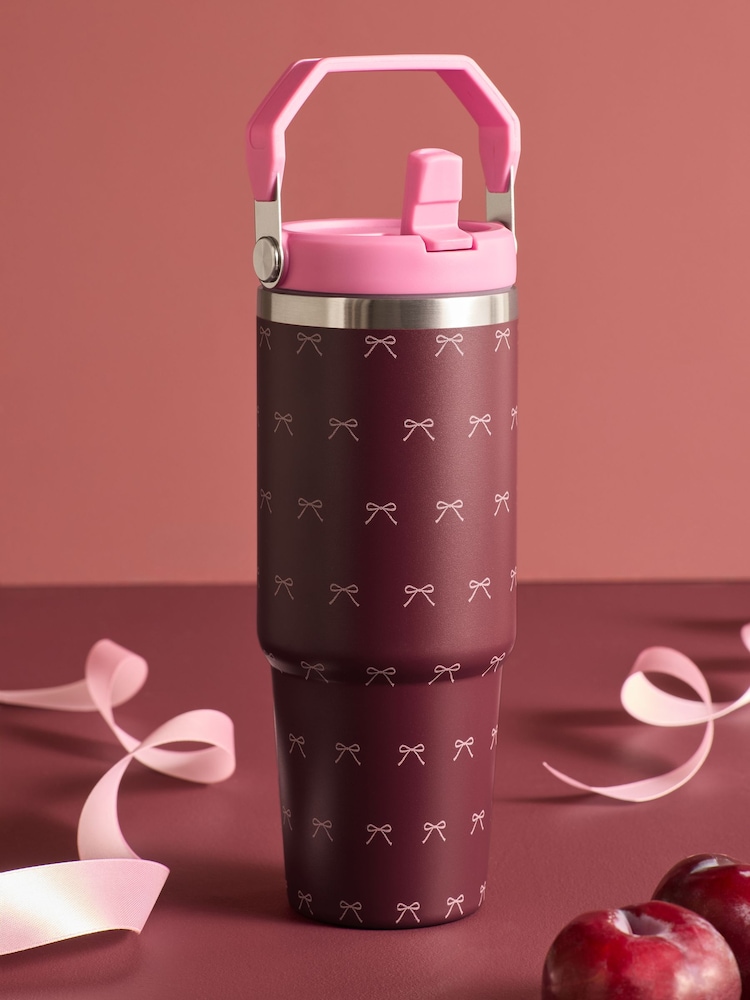 Burgundy Red 900ml Bow Print Stainless Steel Water Bottle - Image 1 of 3 Burgundy Red 900ml Bow Print Stainless Steel Water Bottle - Image 1 of 3