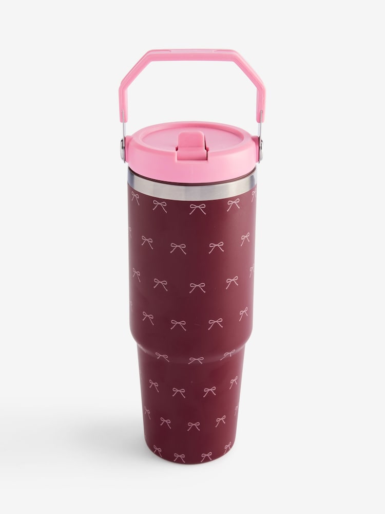 Burgundy Red 900ml Bow Print Stainless Steel Water Bottle - Image 3 of 3 Burgundy Red 900ml Bow Print Stainless Steel Water Bottle - Image 3 of 3