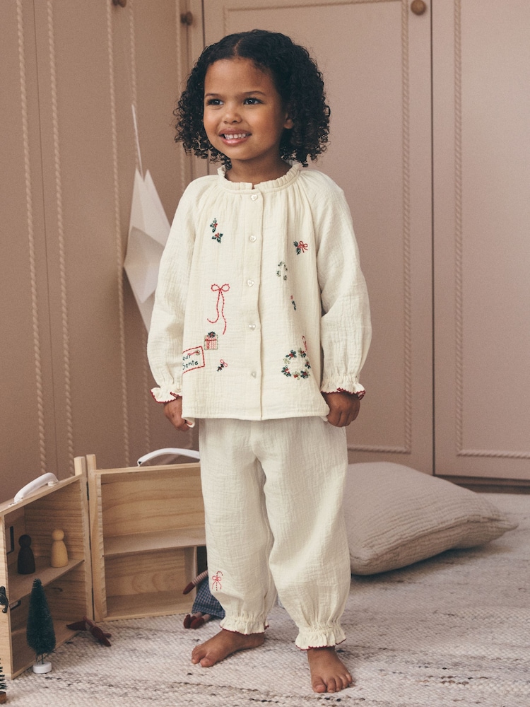 Ecru Embroidered Christmas Woven Button Through Pyjamas (9mths-10yrs) - Image 1 of 14