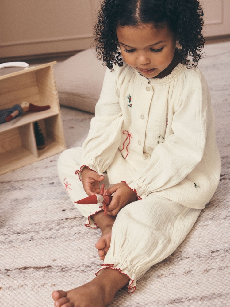 Ecru Embroidered Christmas Woven Button Through Pyjamas (9mths-10yrs) - Image 2 of 14