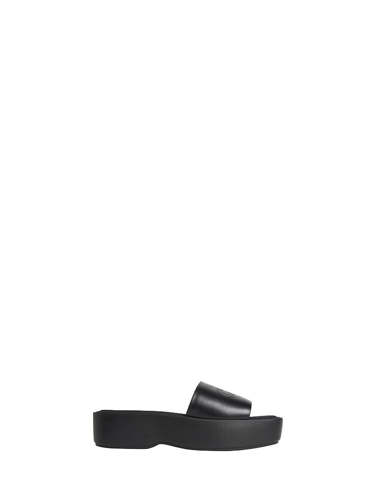 Calvin Klein Black Leather Square Toe Platform Sliders - Image 1 of 4