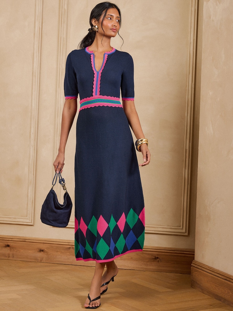 Love & Roses Navy Short Sleeve Knotch Neck Argyle Detail Knitted Midi Dress - Image 1 of 4