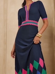 Love & Roses Navy Short Sleeve Knotch Neck Argyle Detail Knitted Midi Dress - Image 2 of 4