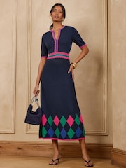 Love & Roses Navy Short Sleeve Knotch Neck Argyle Detail Knitted Midi Dress - Image 3 of 4
