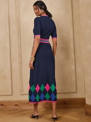 Love & Roses Navy Short Sleeve Knotch Neck Argyle Detail Knitted Midi Dress - Image 4 of 4