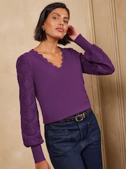 Love & Roses Stitch Sleeve Detail Scalloped V-Neck Knitted Jumper - 4суретінің 1 суреті