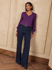 Love & Roses Stitch Sleeve Detail Scalloped V-Neck Knitted Jumper - 4суретінің 3 суреті