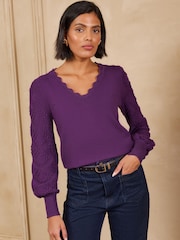 Love & Roses Stitch Sleeve Detail Scalloped V-Neck Knitted Jumper - 4суретінің 4 суреті