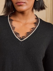 Love & Roses Black Lace Detail V-Neck Woven Mix Knitted Mini Dress - Image 4 of 5