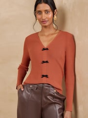 Love & Roses Orange V-Neck Bow Detail Long Sleeve Knitted Top - Image 1 of 4