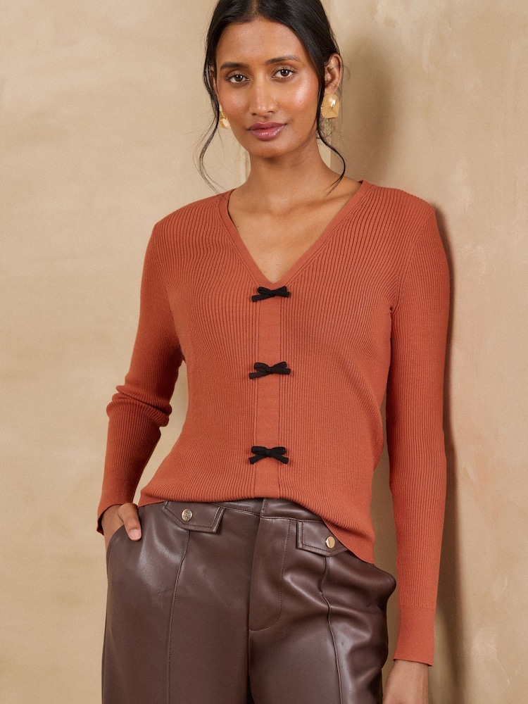 Love & Roses Orange V-Neck Bow Detail Long Sleeve Knitted Top - Image 1 of 4