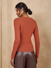 Love & Roses Orange V-Neck Bow Detail Long Sleeve Knitted Top - Image 4 of 4