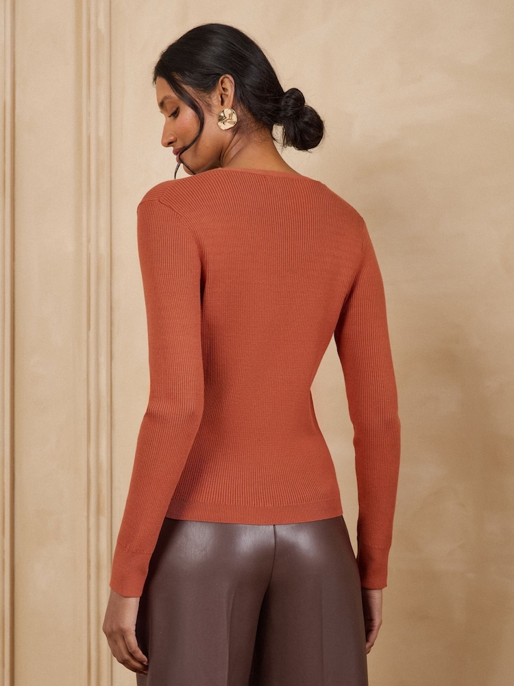 Love & Roses Orange V-Neck Bow Detail Long Sleeve Knitted Top - Image 4 of 4