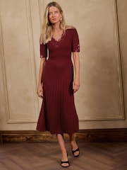 Love & Roses Burgundy Red Lace Detail V-Neck Short Sleeve Knitted Midi Dress - Image 1 of 5