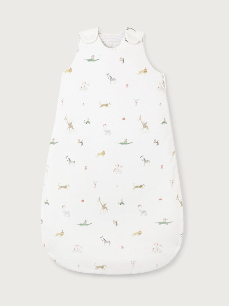 The White Company White Cotton Blend Party Animals & Stripe Reversible Sleeping Bag 2.5 Tog - Image 1 of 1 The White Company White Cotton Blend Party Animals & Stripe Reversible Sleeping Bag 2.5 Tog - Image 1 of 1
