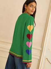Green Heart Detail - Love & Roses V-Neck Knitted Cardigan - Obraz 4 z 4